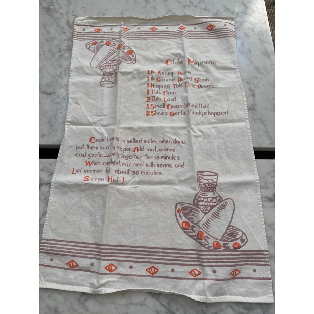 Vintage Chile Mejicano Recipe Linen Kitchen Towel Sombrero Graphic 16x26